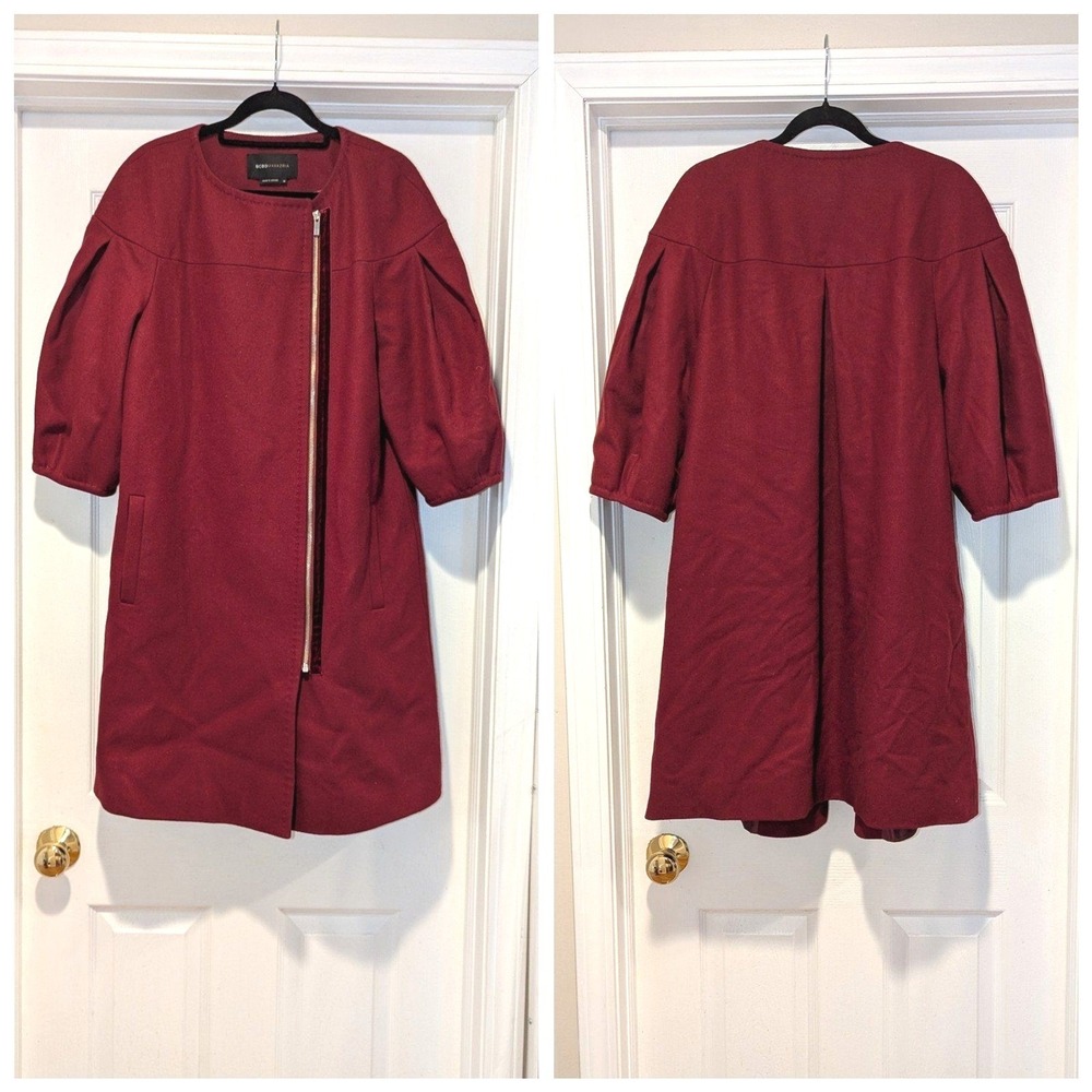 BCBGMaxazria Size Medium Maroon Wool Blend Puff Short Sleeve Jacket Driving Coat